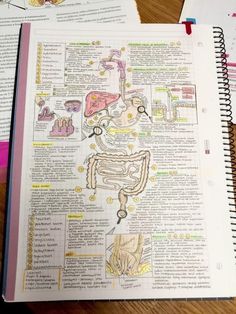 an open book with diagrams on it sitting on top of a wooden table next to other books