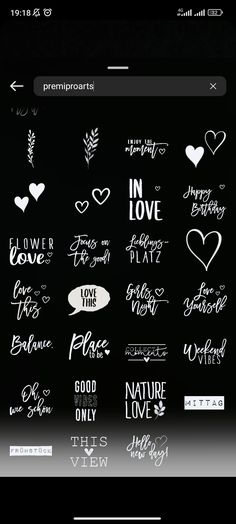 an iphone screen with the words and symbols on it, including hearts, flowers, leaves, and arrows