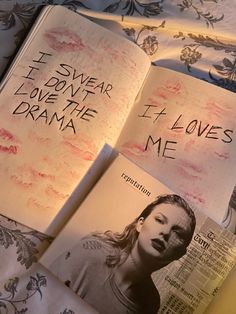 an open book with the words i swear love at the drama written in black on it