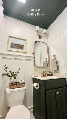 a white toilet sitting under a bathroom mirror next to a sink and a painting on the wall