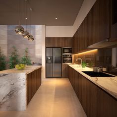 a modern kitchen with marble counter tops and wooden cabinets