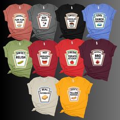 "Condiments Group T-Shirt, Funny Group Halloween Shirts, Group Costumes, Family Costumes, Family T-Shirts ⭐Please Check All Photos For Details.   ⭐Choose Your T-Shirt Size From The Drop-Down List   ⭐Choose Your T-Shirt Color    ⭐Use \"Add message to Seller\" link On The Checkout Page To Send me the important Details For Your Order's Customization.   ⭐Shipping Time Varies by location. Please consider that our turn around time is 1 to 3 business days. ⭐Which brand do you use for t-shirts? We use Gildan Soft Style, Bella Canvas Unisex,  Tees Factory, Hanes, Comfort Color District and Next Level when we have a shortage of stocks for certain colors and sizes.  Not all colors are always available. If you have a custom request from the color chart, please message me  for availability   ⭐How Do I Friend Group Of 7 Halloween Costumes, Pop Culture Crew Neck Top With Funny Print, Funny Red Pre-shrunk Tops, Funny Red Tops With Character Print, Funny Red Top With Character Print, Novelty Crew Neck Top With Screen Print, Red Pre-shrunk Tops, Novelty Tops With Funny Print And Relaxed Fit, Novelty Crew Neck Pre-shrunk Shirt