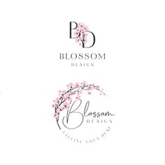 the logo for blossom design is shown in three different colors and font styles, including pink flowers