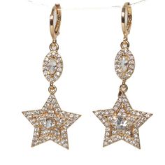 3ct Star Runway Celebrity Showstopping Prong Set Cubic Zircon Dangle Earrings Stones: High Quality Created Diamond Cubic Zirconias That Sparkle Glitter And Shine Like Real Diamonds. Metal: 18k Gold Filled And Gold Plated For Maximum Quality And Longevity. 100% Guarantee High Quality 100% Lead And Nickel Free 100% Hypoallergenic Earring Measurements: Length 2" Width 3/4" At Widest Point Blingdiamondsgold&Silver #Starearrings #Stars ##Universe #Yellowgold #Huggiehoops Hoops Yellowgold Goldfilled P Elegant Star-shaped Sparkling Crystal Earrings, Elegant Sparkling Star Crystal Earrings, Elegant Star-shaped Earrings With Sparkling Stones, Elegant Star-shaped Sparkling Earrings, Star-shaped Cubic Zirconia Earrings For Party, Star Shaped Cubic Zirconia Earrings For Party, Star-shaped Cubic Zirconia Jewelry For Party, Elegant Star-shaped Crystal Earrings For Party, Cubic Zirconia Drop Earrings With Star Charm