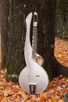 an old guitar is propped up against a tree in the fall leaves on the ground