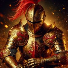 a knight with red hair and armor holding his hands on his chest while standing in front of gold dust