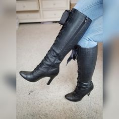 These Boots Are Killer! They Are Both Sexy And Comfortable; There's No Going Wrong With Them! They Have Been Used (Please See Pics), But Overall Are In Great Condition. Trendy Fitted Faux Leather Lace-up Boots, Lace-up Faux Leather Heeled Boots For Night Out, Leather Thigh High Heels For Party, Leather Thigh High Heels For Winter, Thigh High Leather Heels For Party, Edgy Fitted Lace-up Boots With Pointed Toe, Leather High Heel Boots For Club, High Heel Leather Boots For Club, Trendy Fitted Leather Lace-up Boots