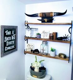 the bathroom is decorated with cow's horns and other things on shelves above the toilet