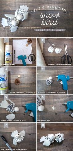 the instructions for making pine cone snowflakes are shown in this screenshot from pinterest