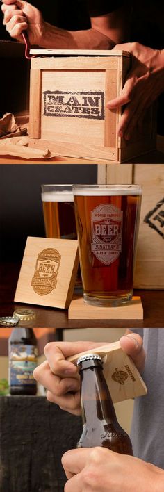 two shots of beer being poured from wooden boxes on top of each other in front of a man's hand