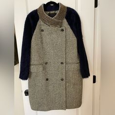 This J Crew Coat Is Very Beautiful And Has A Great Weight To It. It Is 100% Virgin Wool Double Breasted, Flap Pockets With A Jeweled Collar. Fully Lined . This Coat Is New And Has Never Been Worn. The Colors On This Coat Are Are Beautiful, With Greens, Cream And Burgundy Tweed With Bark Blue Alpaca Sleeves. Designer Tweed Outerwear For Work, Designer Winter Tweed Jacket, Designer Tailored Tweed Jacket For Winter, J Crew Coat, Alpaca Coat, Jeweled Collar, J Crew Collection, Jcrew Collection, Alpaca