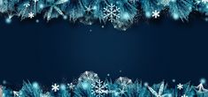 a blue christmas background with snowflakes and fir trees