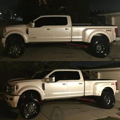 two pictures of a white pickup truck parked in front of a house at night time