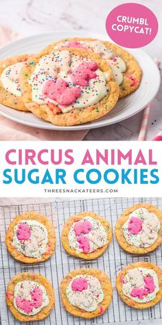 circus animal sugar cookies with sprinkles and pink frosting on the top