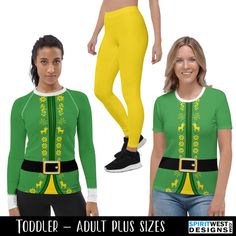 two women wearing green and yellow clothing with the words todder - adult plus sizes