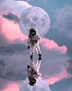 an astronaut floating in the sky with a full moon behind him and clouds reflecting on the water