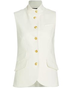 Rag & Bone Ivory Slade Pointe Vest Stand collar Sleeveless Button down front closure Gold tone statement buttons Single chest welt pocket Hip flap pockets; double pocket detail at right side Tailored fit 66% viscose, 30% polyamide, 4% elastane White Vests, Vest White, Gold Buttons, Pocket Detail, Rag & Bone, Flap Pocket, Right Side, Welt Pocket, Stand Collar