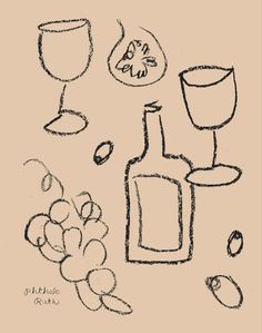 a drawing of wine glasses and grapes