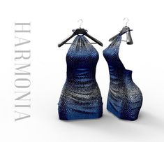 two dresses hanging on a hanger in front of a white background with the words harmony written below it