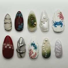 Crab Nail Design, Tin Fish Nails, Crab Nails Designs, Under Water Nails, Crab Nail Art, Sealife Nails, Deep Sea Nails, Lobster Nail Art, Water Design Nails