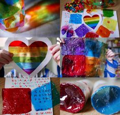 there is a collage of pictures with hearts and rainbows on them, including paper