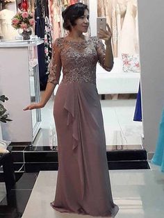 Sheath/Column Chiffon Applique Scoop 1/2 Sleeves Floor-Length Mother of the Bride Dresses Wedding Evening Gown, Mother Of The Bride Dresses Long, Church Suits, Tan Dress, Elegant Prom Dresses, Half Sleeve Dresses, Mothers Dresses, Chiffon Skirt, Evening Gowns Formal