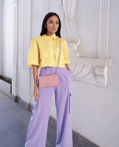 Lime And Orange Outfit, Neutral Color Block Outfit, Pastel Colors Fashion Aesthetic, Pastel Chic Outfit, Chic Pastel Outfit, Pastel Office Outfit, Colorful Classy Outfits, Colourful Work Outfit, Purple Yellow Outfit