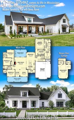 two story house plan with 3 car garage and attached living room, kitchen and dining area