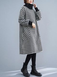 Casual Winter Dresses With Stand Collar, Casual Fall Dresses With Stand Collar, Winter Long Sleeve Midi Dress With Pockets, Winter Cotton Midi Dress For Work, Winter Workwear Cotton Midi Dress, Winter Crew Neck Cotton Dress, Cotton Crew Neck Dress For Winter, Winter Cotton Dress With Crew Neck, Casual Crew Neck Midi Dress For Fall