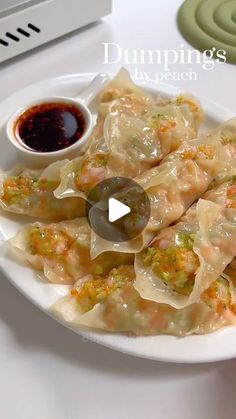 dumplings on a white plate with dipping sauce