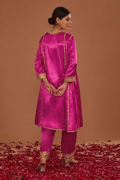 Fuchsia silk anarkali with gota, sequins and pearls hand embroidery. Comes with salwar and an organza dupatta. - Aza Fashions Pink Katan Silk Kurta With Traditional Drape, Pink Bollywood Style Dola Silk Kurta, Pink Katan Silk Kurta With Zari Work, Pink Slub Silk Anarkali Set With Dabka Work, Pink Katan Silk Kurta For Festivals, Designer Pink Silk Churidar, Pink Katan Silk Designer Sets, Pink Anarkali Raw Silk Kurta, Pink Art Silk Churidar With Traditional Drape