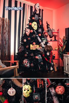 a christmas tree decorated with halloween themed items and decorations is shown in this collage