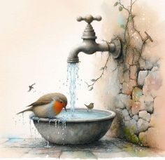 a painting of a bird drinking water from a faucet with two birds sitting on it