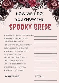 a pink and black wedding game with roses on it, says how well do you know the spooky bride?