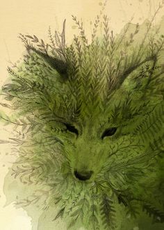 a painting of a green animal's face with long grass in the foreground