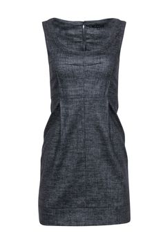 A wardrobe essential, this dark grey sheath dress by Theory is one to reach for again and again. Wear to work with dark tights and a layered turtleneck, or pair with a leather jacket and sleek black booties for an easy date night look. Size 2 Made in USA 77% Wool, 22% Polyester, 1% Elastane Unlined Back zipper with hook and eye closure Sleeveless Scoop neck Bust 30" Waist 26" Shoulder to Hem 33" Sleek Stretch Mini Dress For Work, Classic Mini Dress With Stretch For Workwear, Classic Stretch Mini Dress For Work, Casual Mini Dress For Work With Back Zipper, Chic Gray Dresses For Work, Classic Mini Dress For Workwear In Winter, Sleek Winter Workwear Dresses, Gray Stretch Dresses For Work, Sleeveless Mini Dress For Office In Fall