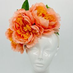 Handmade by Featured Milliner of The Kentucky Derby Museum 2023 & 202 Soft orange peonies with yellow centers and green leaves. Fun, crown-style floral Kentucky Derby Fascinator. Attaches with headband.  Not taking customs this year--Derby 150 is going to be massive and mom life keeps me running! However, happy to suggest pieces that will coordinate with your outfit. If you don't love the way this attaches to your head--message me!  I can swtich *most* pieces to your preference. Clip, Headband O Orange Peonies, Floral Fascinator, Kentucky Derby Fascinator, Derby Fascinator, Soft Orange, Derby Hat, Hat Ideas, Gold Line, Derby Hats