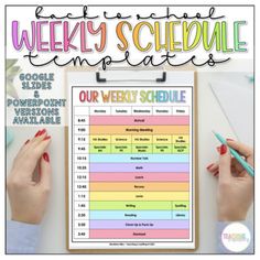 the weekly schedule is displayed on a clipboard next to two hands holding pencils