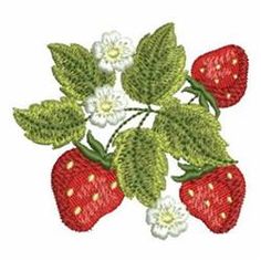 a bunch of strawberries with leaves and flowers on white background in embroidery design style