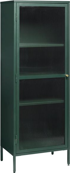 a green metal bookcase with three shelves on the front and two doors at the bottom