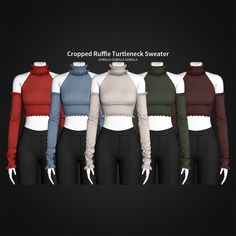 the cropped turtle neck sweater is shown in five different colors and sizes, with long sleeves