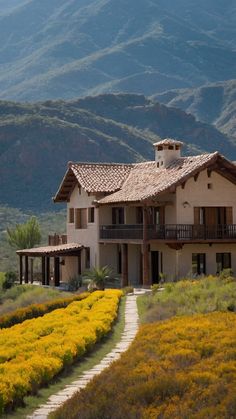 a house in the middle of a field with yellow flowers on it and mountains in the background