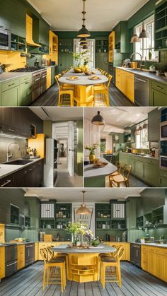 four different pictures of the same kitchen with yellow and green accents, including an island