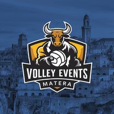 the logo for volley events matera is displayed in front of an old cityscape