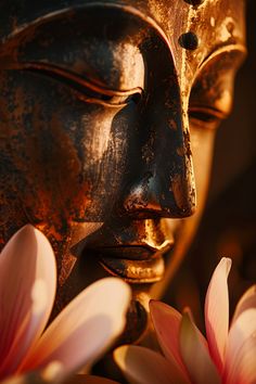 a close up of a buddha statue with flowers in front of it's face