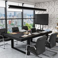 an office with a large table and chairs in front of a window overlooking the city