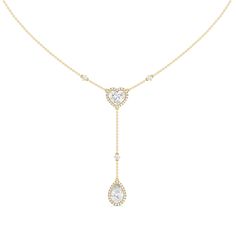 Inspired by a lariat necklace, this piece has a Y-shaped silhouette and two sparkling pendants. The chain necklace holds a heart pendant dotted at the center with a heart-cut diamond framed by a heart-shaped halo of petite round diamonds. Gently dropping from the heart pendant is a pear-cut diamond haloed by round diamonds. This necklace is a piece of everyday fine jewelry that can effortlessly enhance your daily wardrobe.