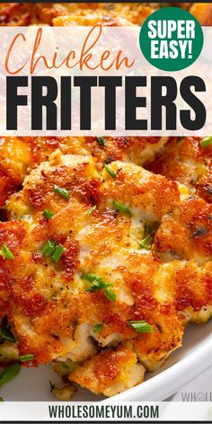 Chicken Fritters Gluten Free Chicken Recipes Easy, Chicken Fritter, Ketovore Recipes, Cheesy Chicken Fritters, Chicken Fritters Recipe, Chicken Fritters, Asian Steak Bites, Wholesome Yum