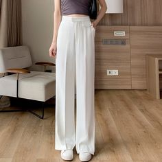 Spring Summer White Forked Suit Pants Women Casual Loose High Waist Wide Leg Pants Korean Street Wear Lady Trousers New Summer Office Wear Full Length Wide Leg Pants, Summer Office Pants Solid Color, Summer Office Pants In Solid Color, Solid Color Summer Office Pants, White Full-length Bottoms For Office, White Full Length Bottoms For Office, Full Length White Bottoms For Office, White Full-length Office Bottoms, Suit Pants Women