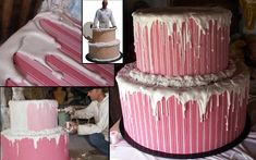 a collage of photos showing how to decorate a pink and white cake with icing